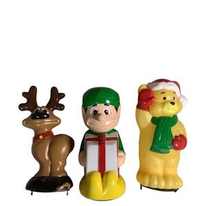 Vintage 1990s blow molds- Green Elf, Brown Reindeer, Yellow Bear